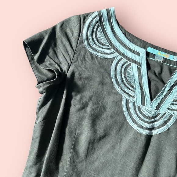 Women’s Boden Military Green Light Blue Embroidered Collar Linen Dress Size 12 - Picture 5 of 16